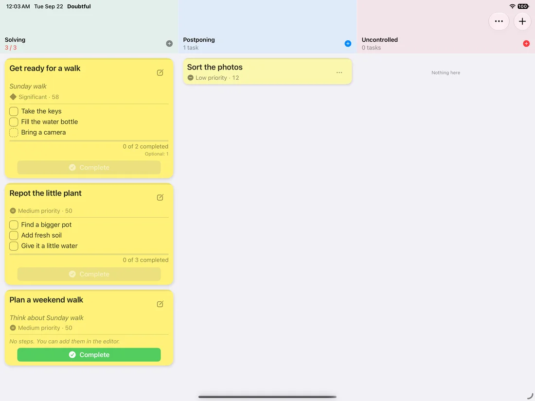 Doubtful on iPad, showing the Solving, Postponing and Uncontrolled boards side by side.