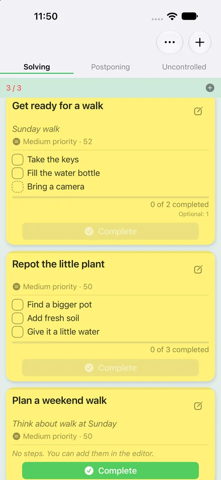 Doubtful on iPhone, with three active task cards and required and optional steps.